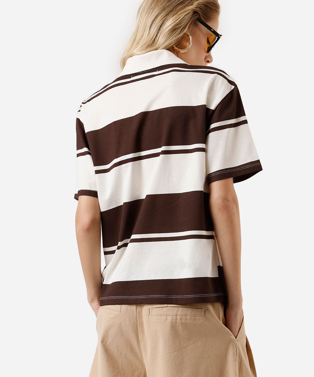 polo feminina com algodão listrada off white