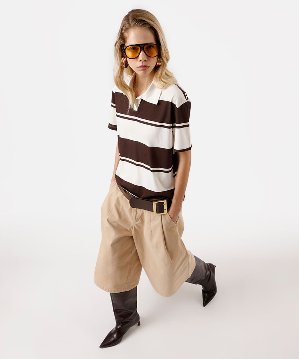 polo feminina com algodão listrada off white