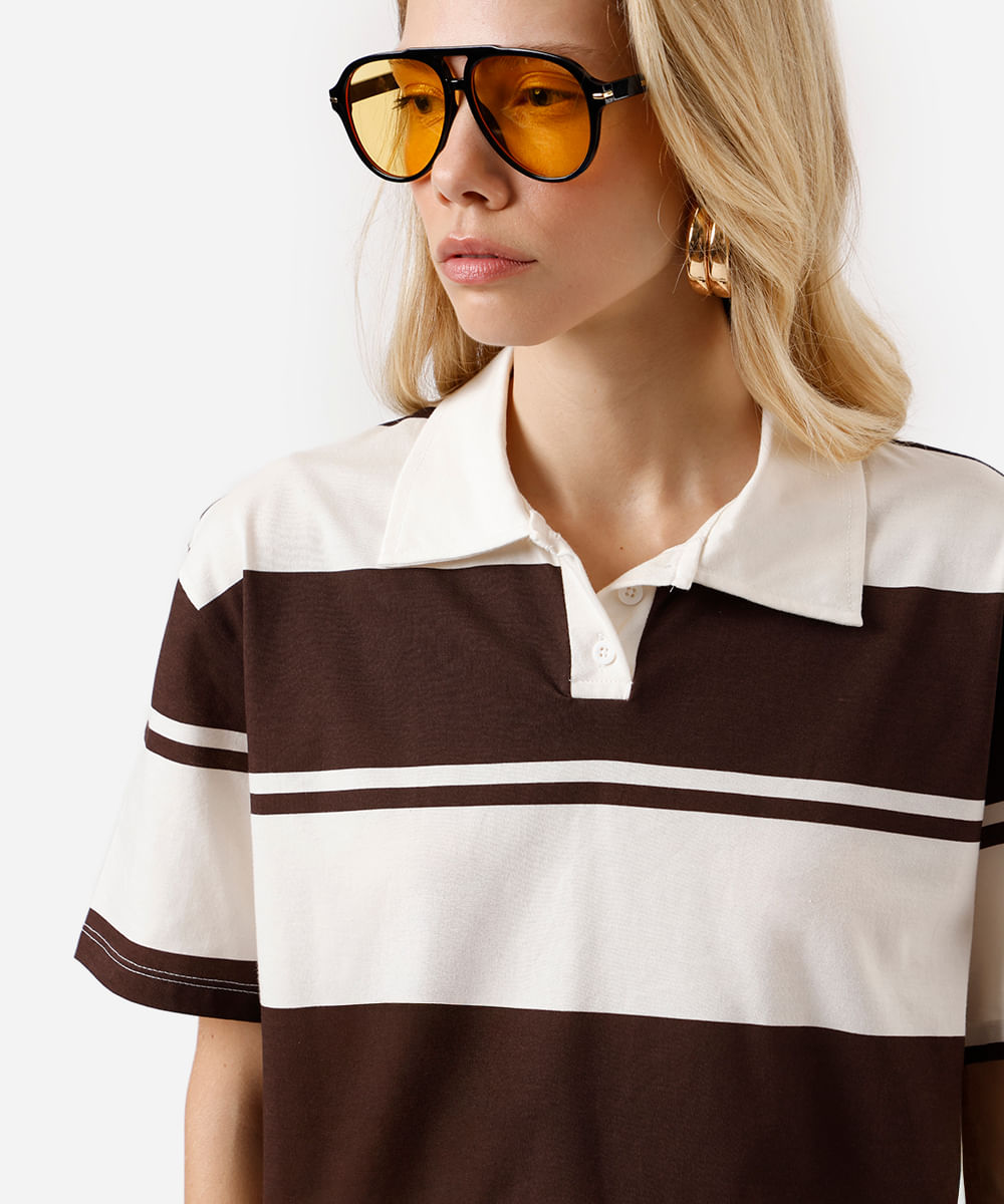 polo feminina com algodão listrada off white
