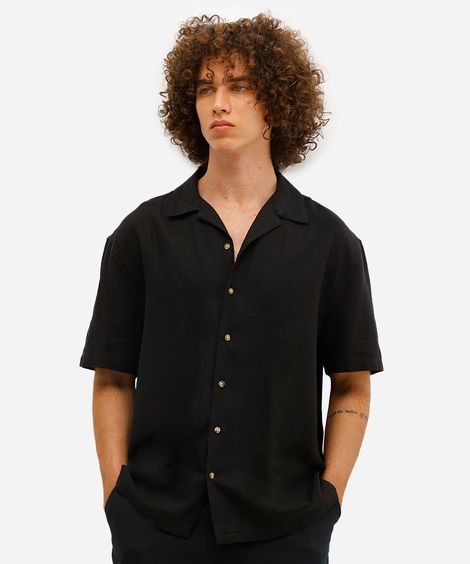 camisa masculina manga curta linho fit preta