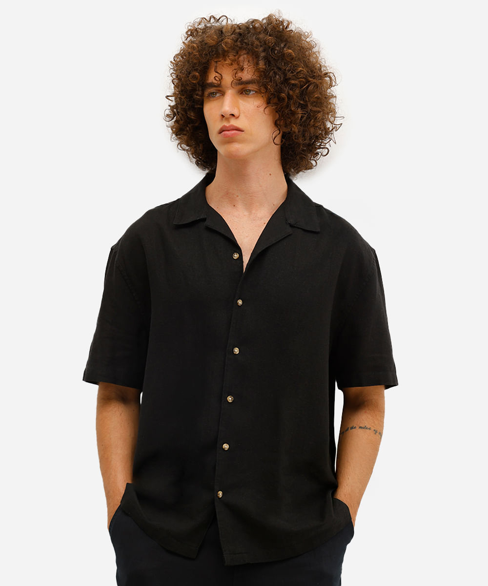 camisa masculina manga curta linho fit preta