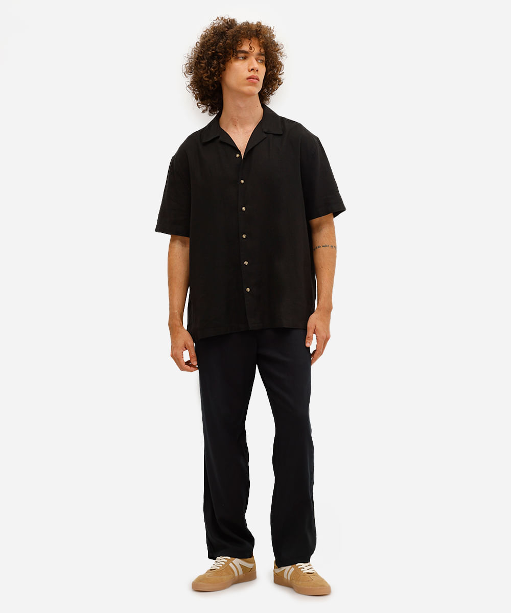 camisa masculina manga curta linho fit preta