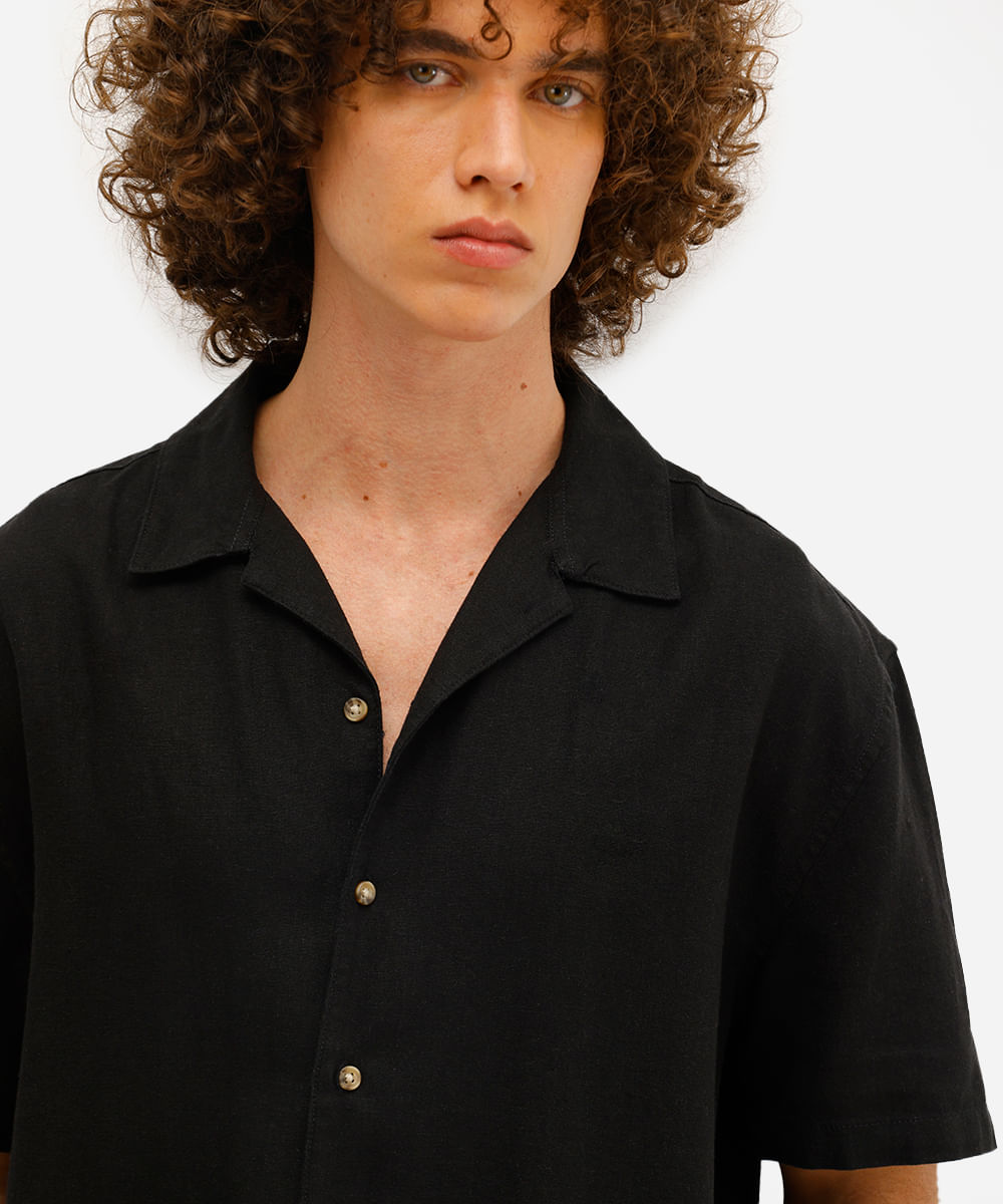 camisa masculina manga curta linho fit preta