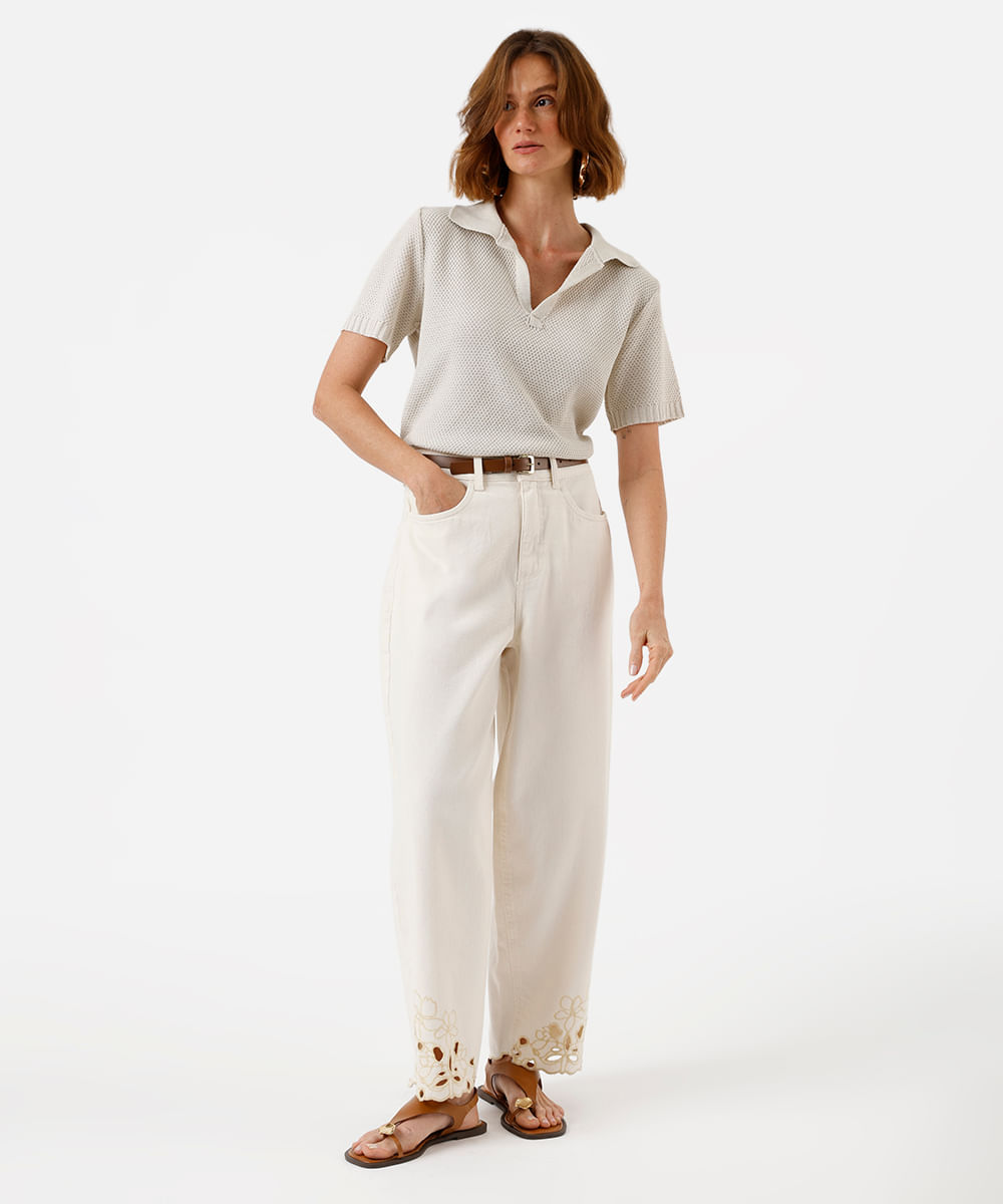 polo feminina de tricot bege
