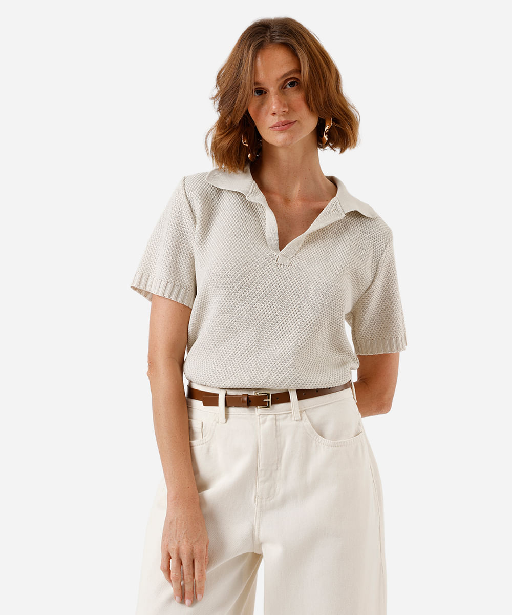 polo feminina de tricot bege