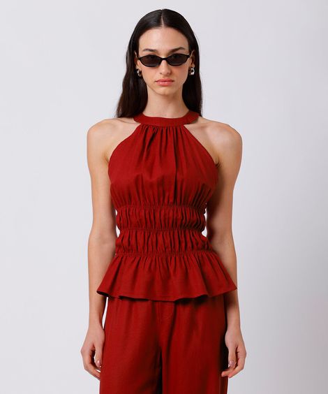 blusa peplum feminina com linho franzida mindset vermelha