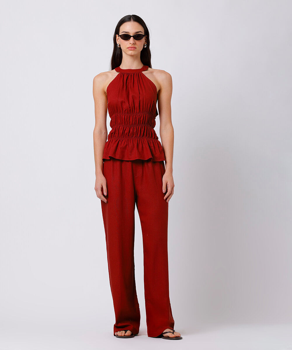 blusa peplum feminina com linho franzida mindset vermelha