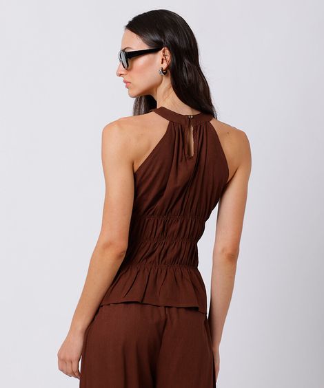 blusa peplum feminina com linho franzida mindset marrom
