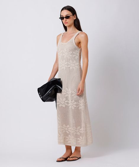 vestido midi feminino de tricot floral mindset bege