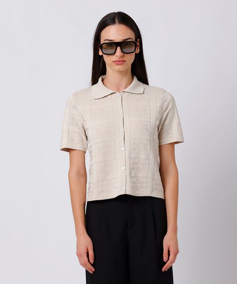 camisa feminina de tricot floral mindset bege