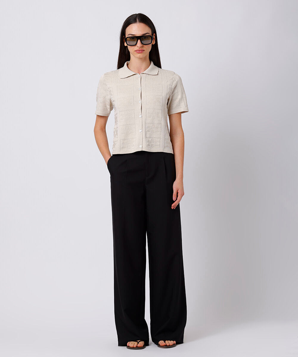 camisa feminina de tricot floral mindset bege