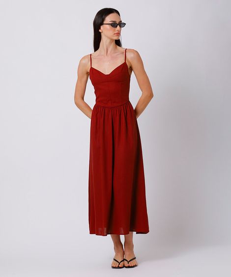vestido mdi alça fina feminino com linho decote coração mindset vermelho