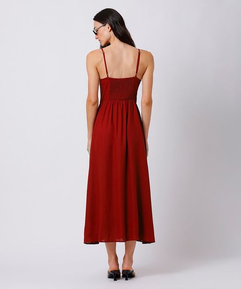 vestido mdi alça fina feminino com linho decote coração mindset vermelho