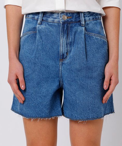 short feminino jeans com pregas e barra a fio mindset azul