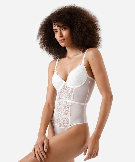 body feminino de tule com bojo e recorte de renda off white