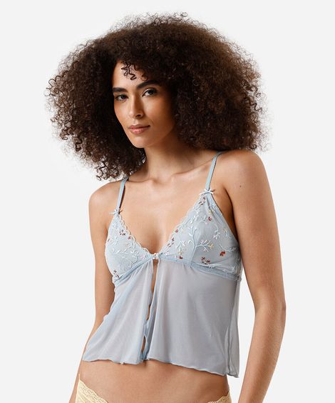 sutiã top feminino triângulo com bordado azul