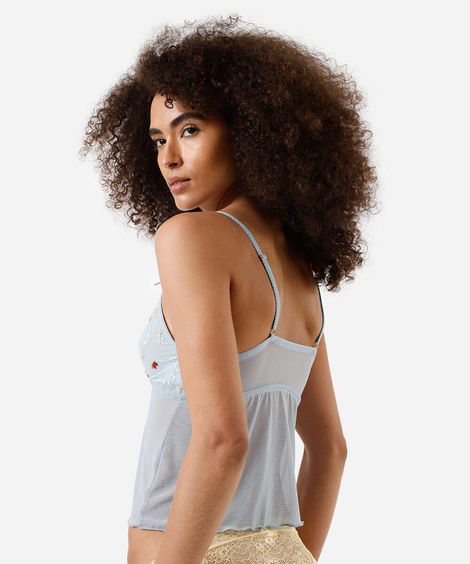 sutiã top feminino triângulo com bordado azul