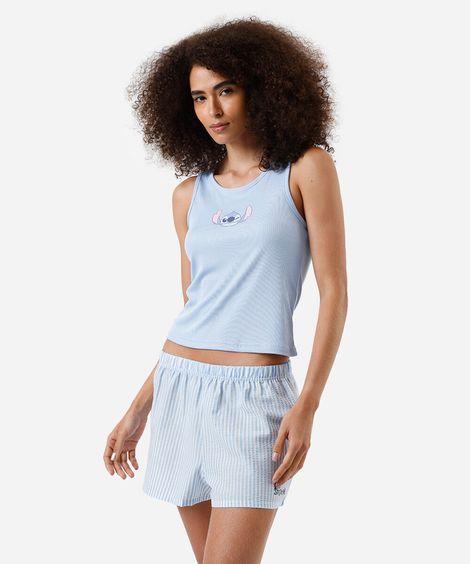 pijama short doll feminino stitch azul