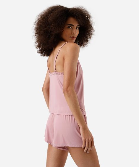 pijama short doll feminino alça fina com renda rosa