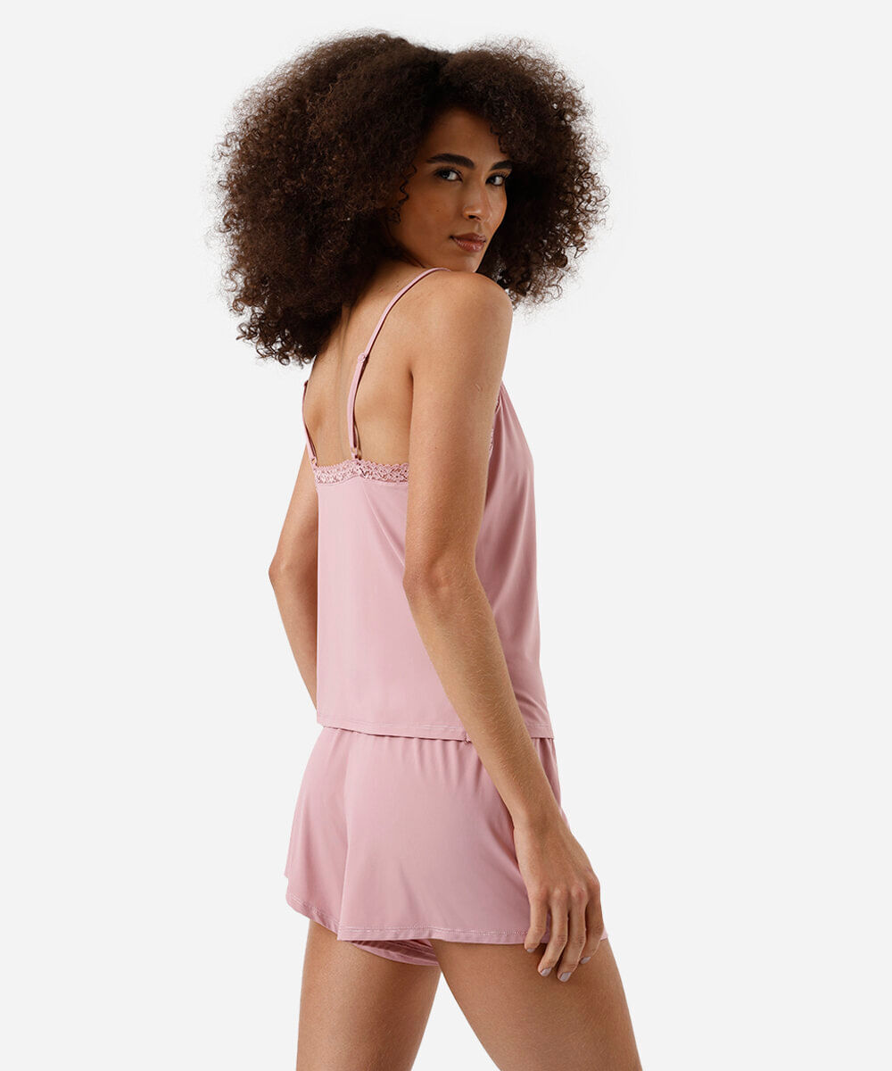 pijama short doll feminino alça fina com renda rosa
