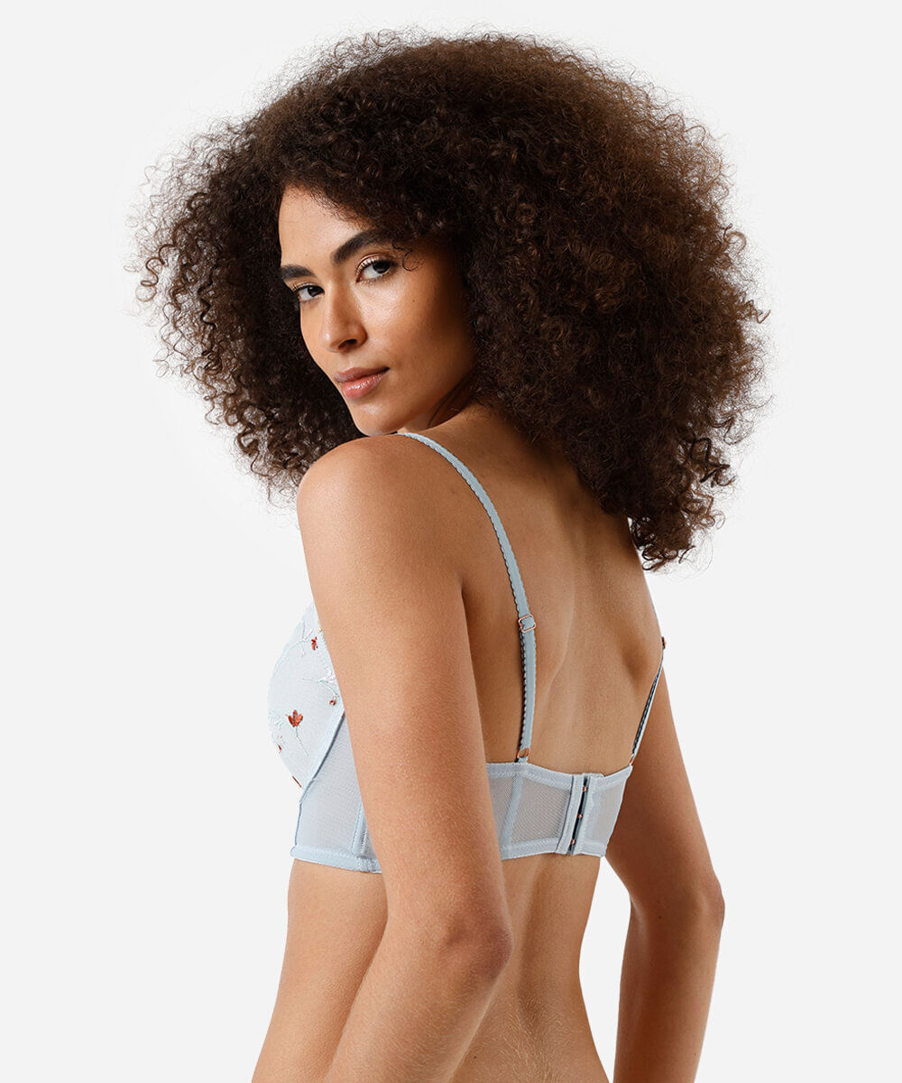 sutiã meia taça com bordado floral azul