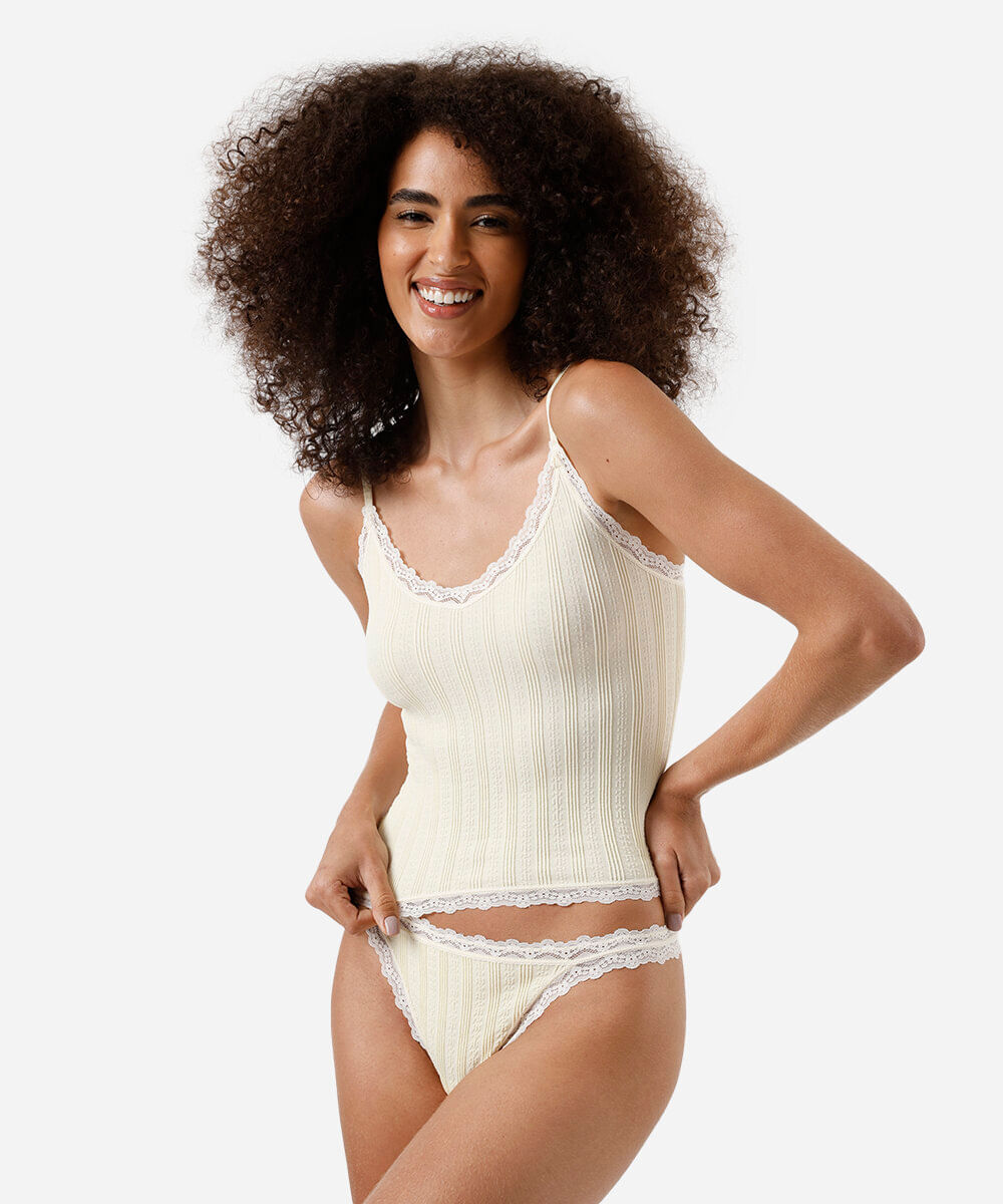 kit de regata e calcinha feminino com renda canelado amarelo