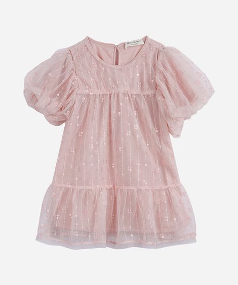 vestido infantil de tule com bordado manga bufante rosa