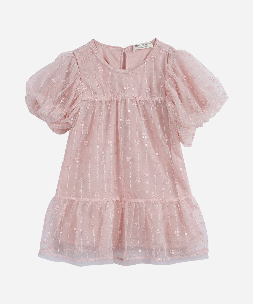 vestido infantil de tule com bordado manga bufante rosa