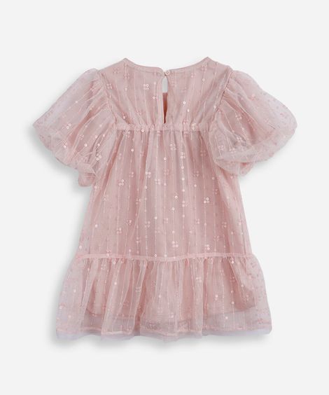 vestido infantil de tule com bordado manga bufante rosa