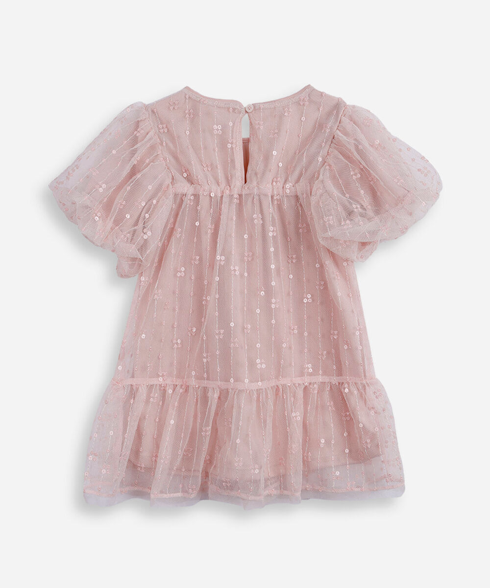 vestido infantil de tule com bordado manga bufante rosa