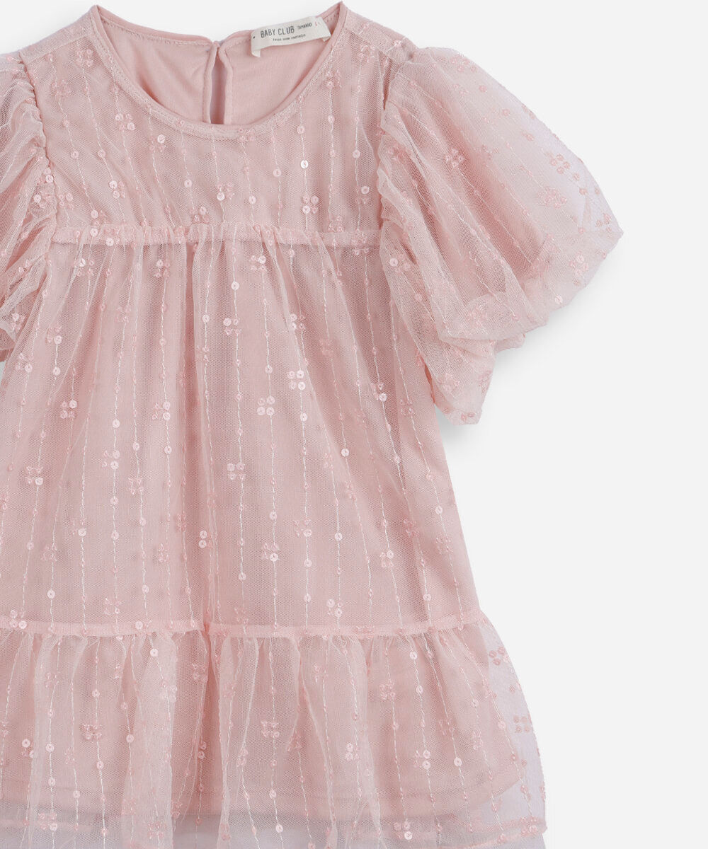 vestido infantil de tule com bordado manga bufante rosa