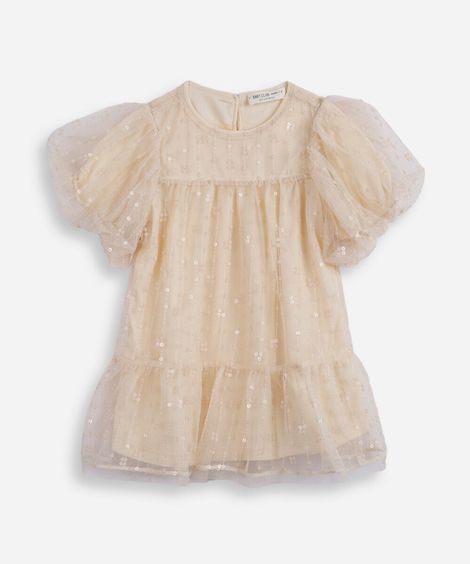 vestido infantil de tule com bordado manga bufante bege