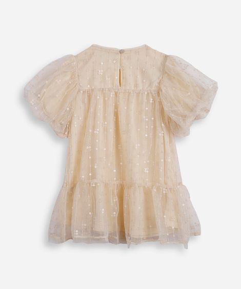 vestido infantil de tule com bordado manga bufante bege