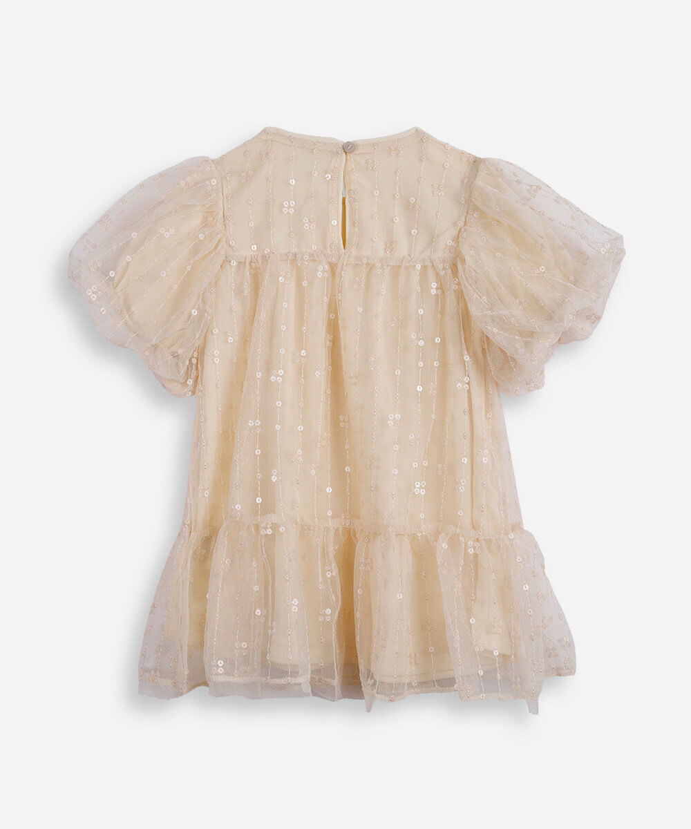 vestido infantil de tule com bordado manga bufante bege