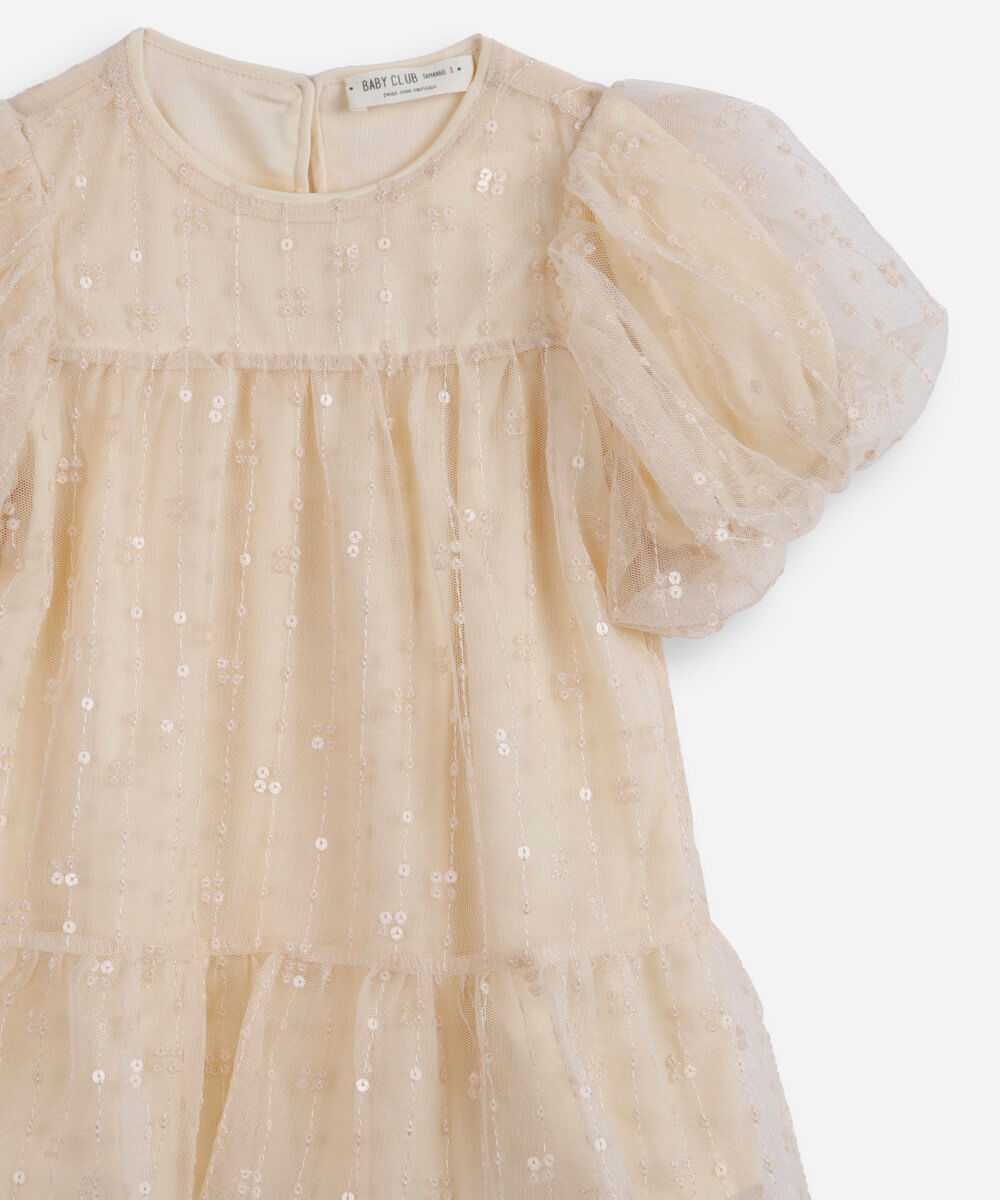 vestido infantil de tule com bordado manga bufante bege