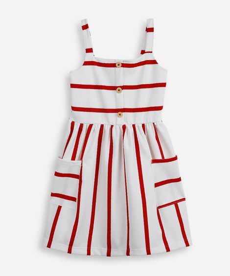 vestido infantil listrado com bolso vermelho