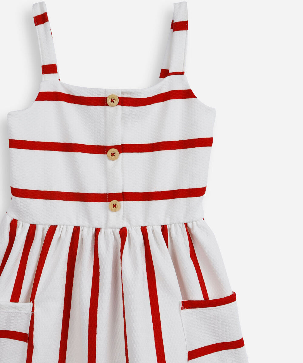 vestido infantil listrado com bolso vermelho