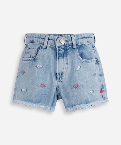short mom jeans infantil com bordados de flores azul