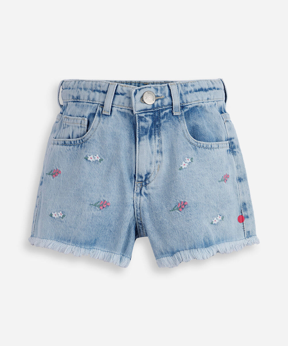 short mom jeans infantil com bordados de flores azul