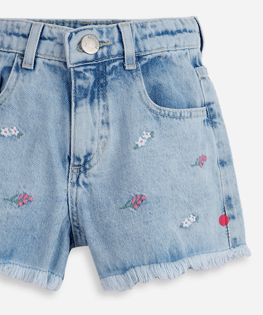 short mom jeans infantil com bordados de flores azul