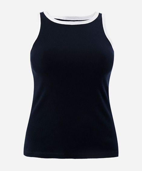 regata feminina plus size de algodão canelada azul