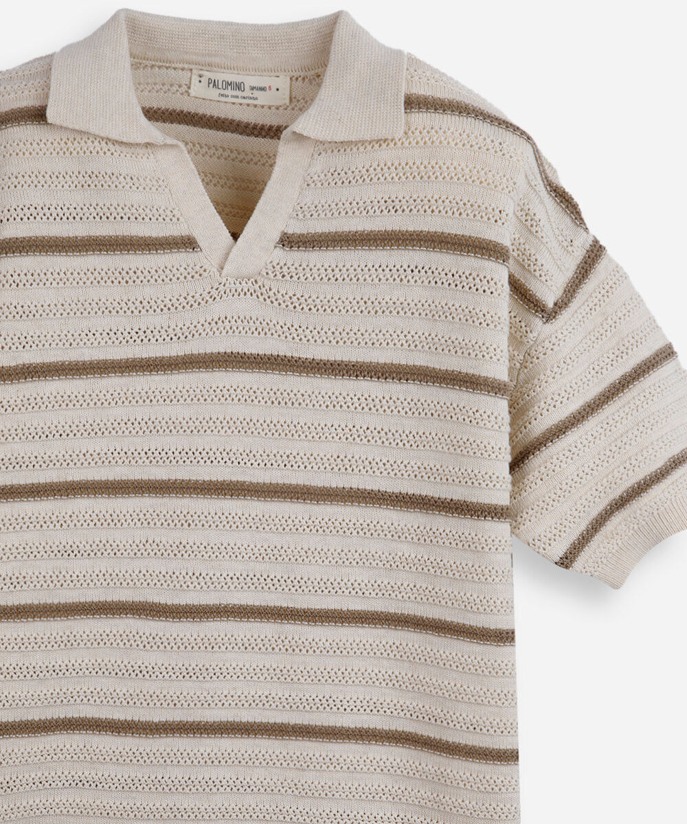 polo de tricot infantil texturizada listrada bege