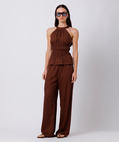 calça estilo pijama feminina com linho mindset marrom