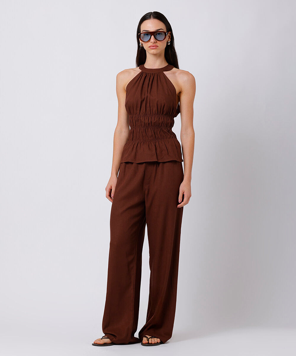 calça estilo pijama feminina com linho mindset marrom