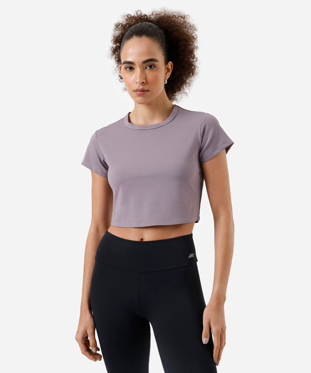 blusa cropped feminino esportivo manga curta roxa