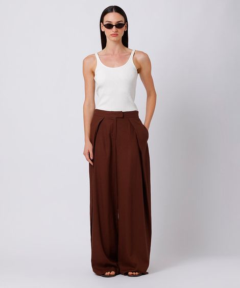calça wide leg feminina com linho e pregas mindset  marrom