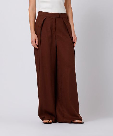 calça wide leg feminina com linho e pregas mindset  marrom