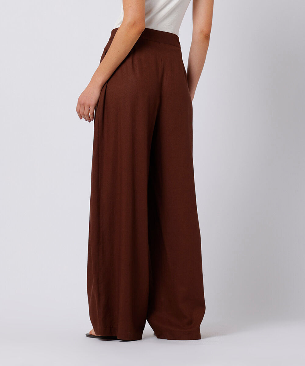 calça wide leg feminina com linho e pregas mindset  marrom