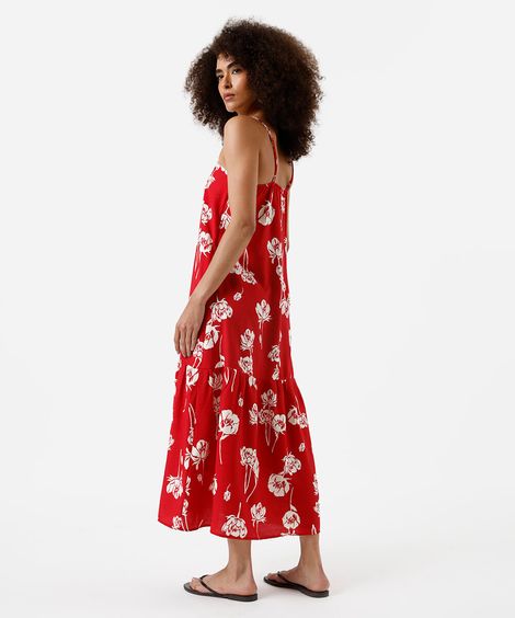 vestido midi feminino de viscose floral vermelho