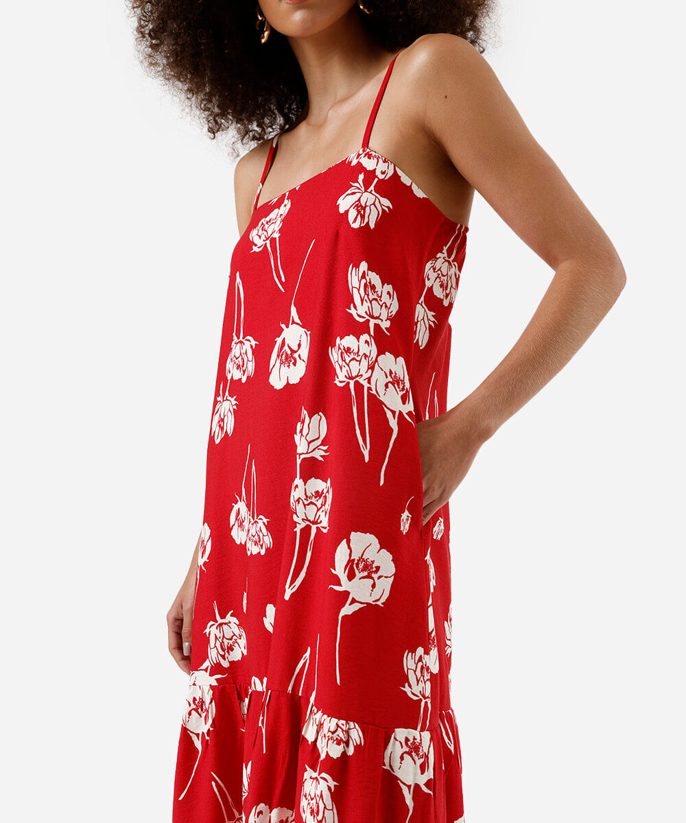 vestido midi feminino de viscose floral vermelho
